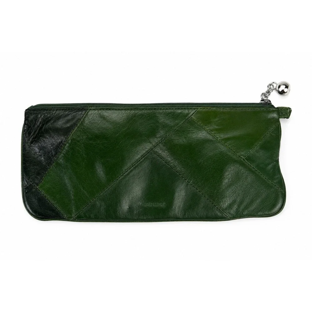 Boho Green Genuine Leather Patchwork Zip Clutch Wallet Slim Bell Charm